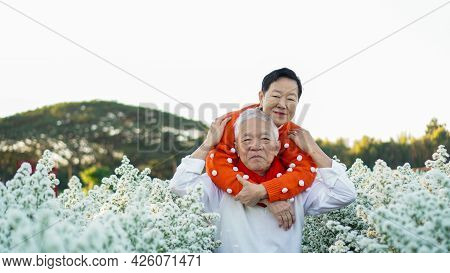 Asian Senior Eldery Couple Hug Sweater Celecrate Christmas And New Year Holiday Morning In Beautiful