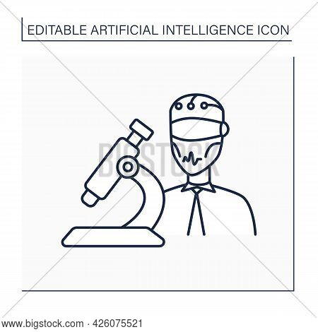 Ai In Medicine Line Icon. Digital Technologies In Medical Sphere. Modern Microscope And Robot. Ai Di