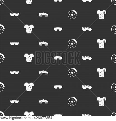 Set Bicycle Brake Disc, Cycling T-shirt, Sport Cycling Sunglasses And Shoes On Seamless Pattern. Vec