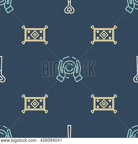 Set Line Magic Wand, Carpet And Ball On Hand On Seamless Pattern. Vector