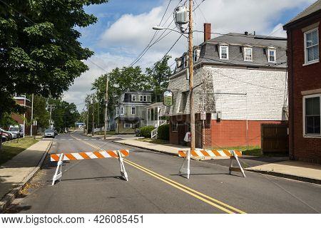 Saco, Maine - June 26, 2021: The Historic Brick Buildings Downtown Saco, Maine, United States