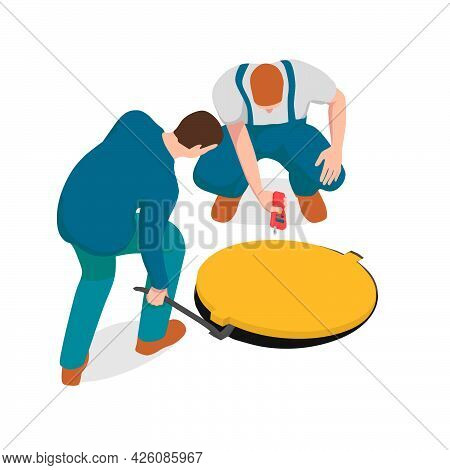 Two Men Are Checking The Manhole. One Worker Is Lifting A Hatch With A Crowbar And Other Is Checking