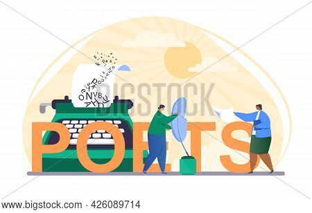 Poet Lettering Abstract Concept. Woman Holds A Folder And A Piece Of Paper. A Man Dips A Pen In Ink.