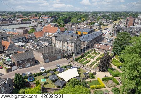 Cuijk, The Netherlands - June 18, 2021: Aerial View Village Centre Dutch City Cuijk Along River Meus