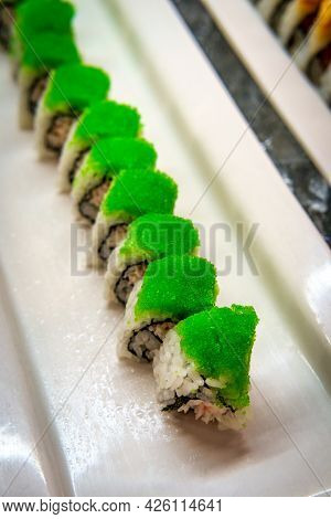 Various Sushi Buffet Rolls At Self Serve Station