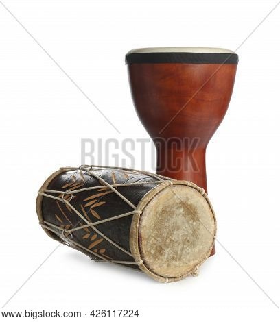 Vintage Hand Drums Isolated On White. Percussion Musical Instruments