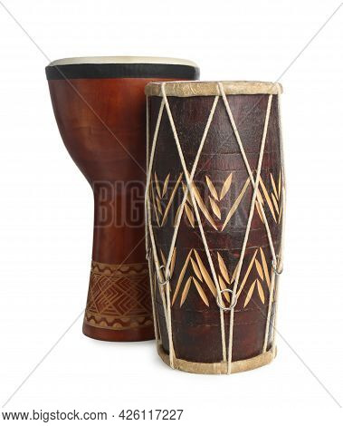 Vintage Hand Drums Isolated On White. Percussion Musical Instruments