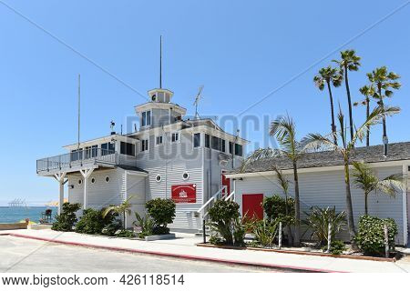 LONG BEACH, CALIFORNIA - 5 JULY 2021: The Dutch Miller Historical Lifeguard Station, home of the Long Beach Lifeguard Headquarters.