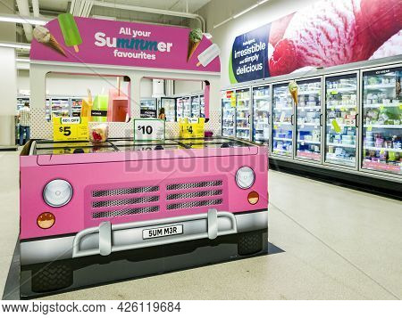 Sydney, Australia - Jan 20, 2019: Ice Cream And Other Cold Storage Food Freezer Section In A Woolwor