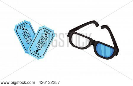 Inematography As Motion-picture And Film Symbols With Tickets And 3d Glasses Vector Set