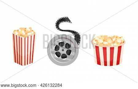 Inematography As Motion-picture And Film Symbols With Popcorn Bucket And Reel Vector Set