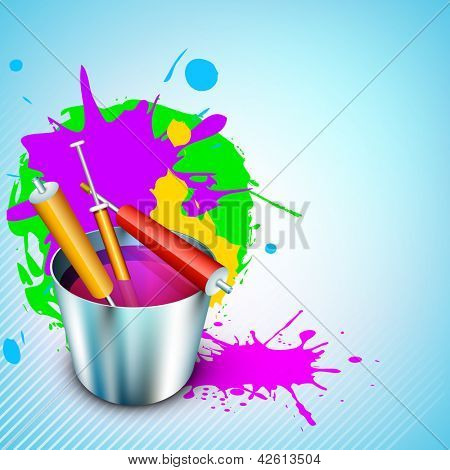 Illustrazione vettoriale di indiano colorato festival Holi con secchio pieno di colori e colori gun (pichk