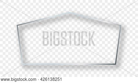 Silver Glowing Tetragon Shape Frame With Shadow Isolated On Transparent Background. Shiny Frame With