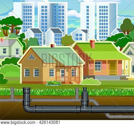 Pipeline For Various Purposes. Individual Suburban Connection. Underground Part Of System. Illustrat