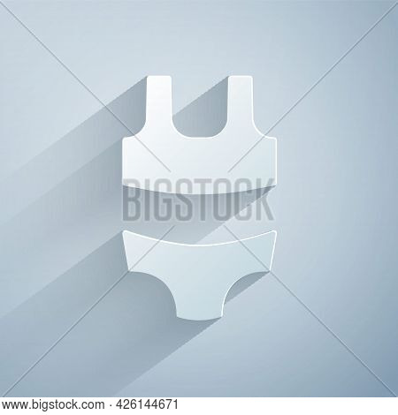 Paper Cut Summer Beach Swimsuit Icon Isolated On Grey Background. Beach Women Fashion. Paper Art Sty