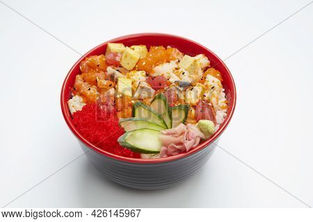 Salmon Sashimi (salmon Don) And Salmon\'s Egg (ikura) With Rice On White Background.