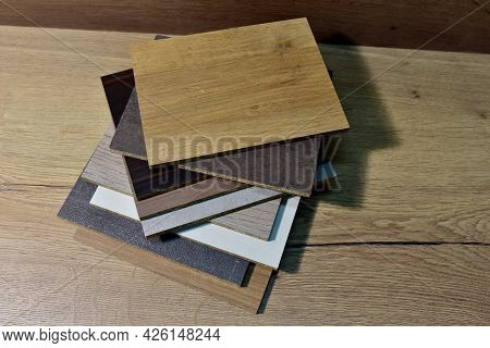 Samples Of Fibreboard Panels With Wood Texture. Laminated Cpd. Chipboard Pvc Edge. Wooden Furniture 