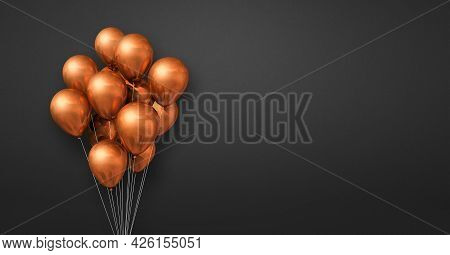 Copper Balloons Bunch On A Black Wall Background. Horizontal Banner. 3d Illustration Render