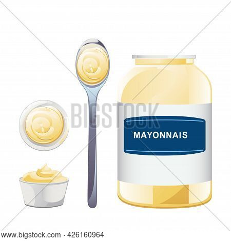 Mayonnaise In Glass Bottle With Spoon Set. Jar With White Sauce. Condiment Container In Cartoon Styl