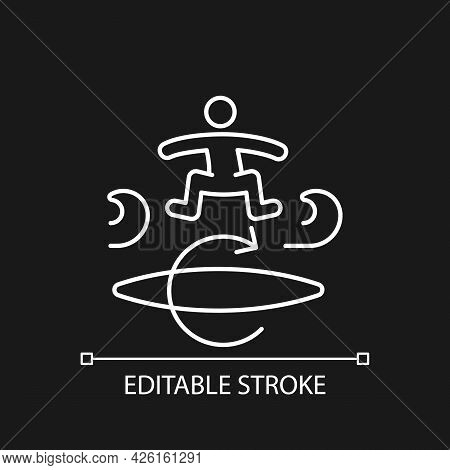 Kickflip Surfing Technique White Linear Icon For Dark Theme. Perform Flip Trick On Surfboard. Thin L