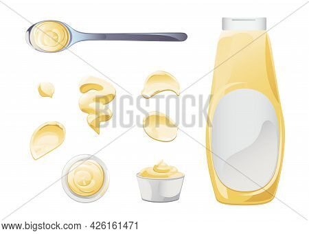 Mayonnaise In Bowl, Bottle, Stains And Splash Set. Condiment White Sauce Icon Set. Top And Front Vie