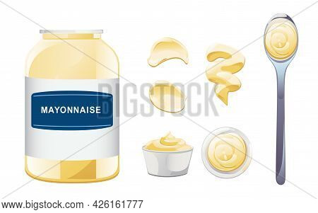 Mayonnaise In Bowl, Bottle, Stains And Splash Set. Condiment White Sauce Icon Set. Top And Front Vie