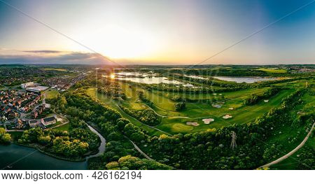Panoramic drone aerial view of Manvers Lake, Rotherham, South Yorkshire, Wath upon Dearne