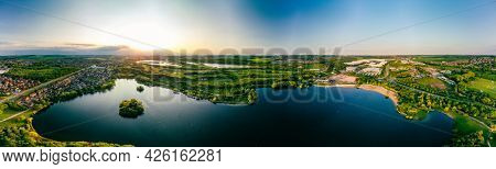 Panoramic drone aerial view of Manvers Lake, Rotherham, South Yorkshire, Wath upon Dearne