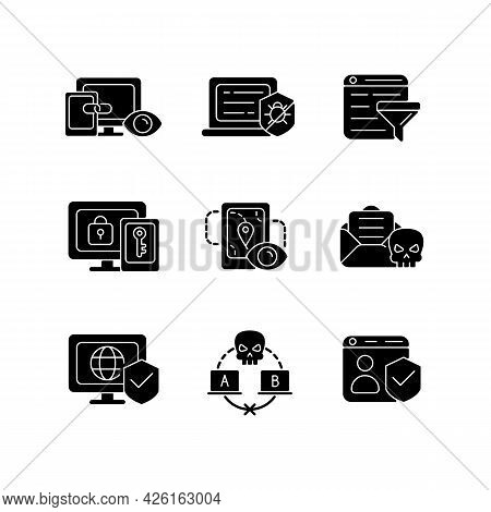 Internet Surveillance Black Glyph Icons Set On White Space. Cross-device Tracking. Antivirus Softwar