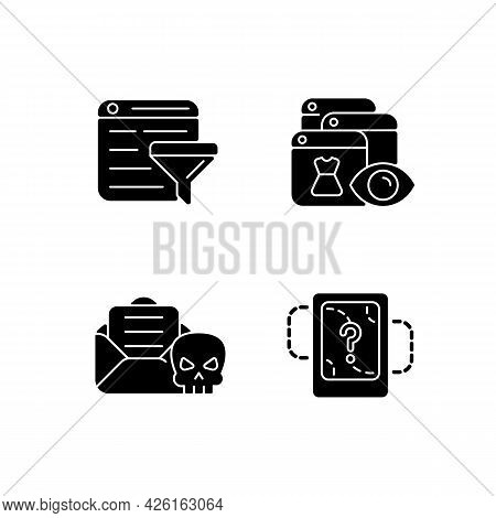 Network Surveillance Black Glyph Icons Set On White Space. Filter Bubble. Online Behavioral Tracking