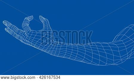 Hand Hold Some Tiny Or Thin Object. Vector Rendering Of 3d. Wire-frame Style. Hand Hold Somethin