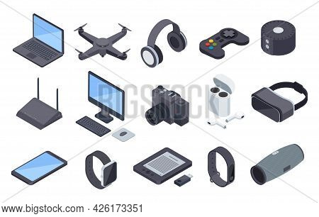 Isometric Gadgets. Electronic Wireless Technology Devices. Drone Headphones, Smartwatch Vr Headset, 