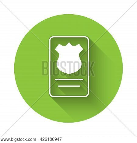 White Police Badge With Id Case Icon Isolated With Long Shadow Background. Green Circle Button. Vect