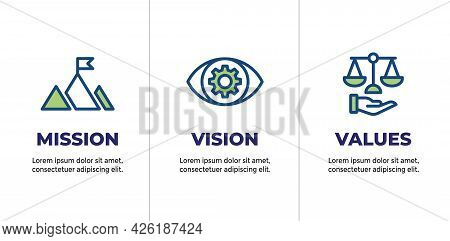 Mission Vision & Values Icon Set With Mission Statement, Vision Icon, Etc