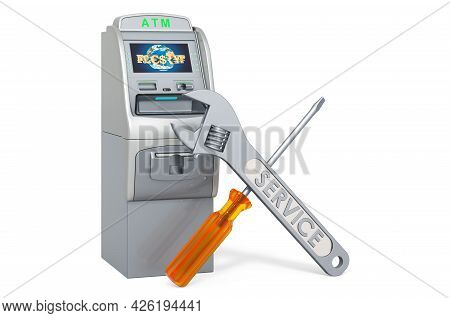 Service And Repair Of Atm Machines, 3d Rendering Isolated On White Background