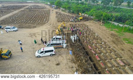 Aerial View Of Funeral Procession At Rorotan, North Jakarta. Special Graves Infected With The Corona