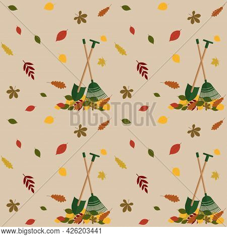 Fall Pattern Featuring Fall Foliage And Garden Tools. Vector