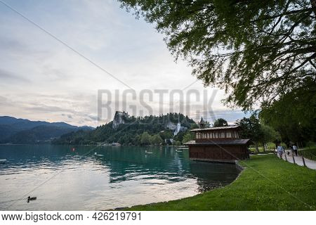 Bled, Slovenia - June 12, 2021: Panorama Of The Bled Lake, Blejsko Jezero, With Its Castle, Blejski 