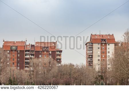 Three Communist Housing Buildings In Pancevo, Serbia. This Kind Of Towers Are A Symbol Of Socialist 