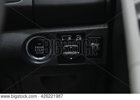 Novosibirsk, Russia - June 29, 2021: Toyota Vitz, Close Up Shot Of Car Headlight And Side Mirror Con