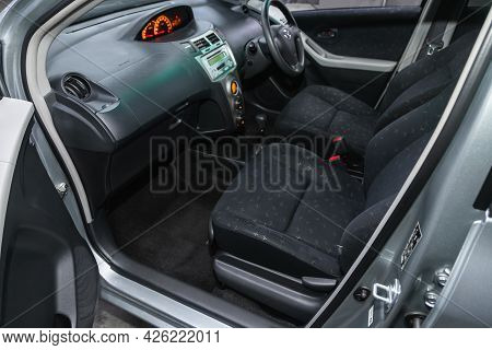 Novosibirsk, Russia - June 29, 2021: Toyota Vitz,  Steering Wheel, Shift Lever, Multimedia  Systeme,