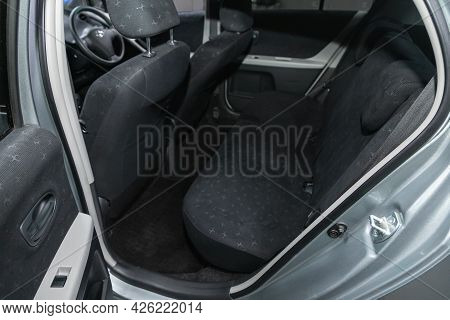 Novosibirsk, Russia - June 29, 2021: Toyota Vitz, Rear Seat For Passengers In Black Textile, Open Do