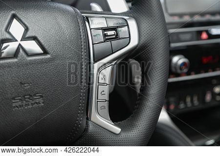Novosibirsk, Russia - June 29, 2021: Mitsubishi Pajero Sport, Interior Of A Modern Car With Voice Co