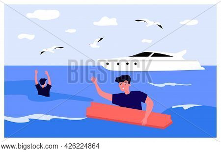 People Shipwrecked Flat Vector Illustration. Two Men Drowning In Open Sea, Holding On To Wooden Boar