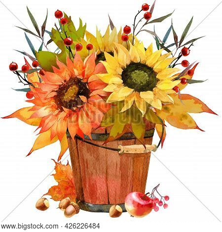 Watercolor Fall Sunflower , Rustic Clipart. Autumn Harvest Clip Art, Thanksgiving Day Art,