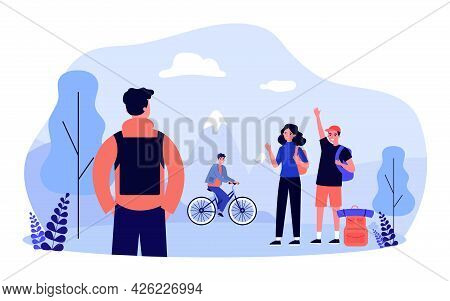 Friends Going On Hike Flat Vector Illustration. Young People With Backpacks Meeting Guy In Nature, W