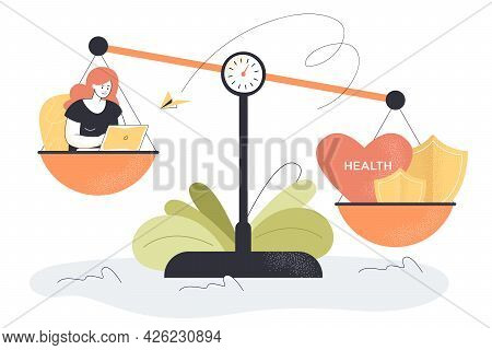 Health Care And Career On Scales. Flat Vector Illustration. Unbalanced Life Of Exhausted Employee Wo