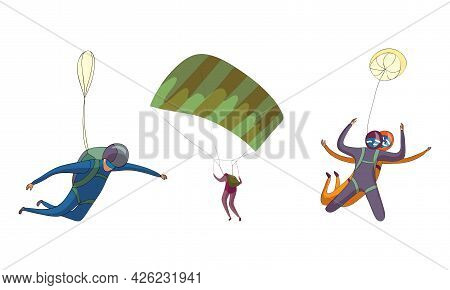 Paratroopers Or Parachutist Free-falling And Descenting With Parachutes Vector Set