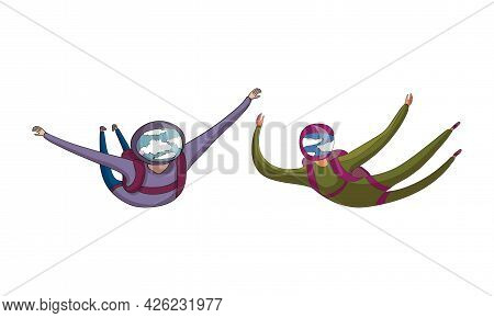 Paratroopers Or Parachutist Free-falling And Descenting With Parachutes Vector Set