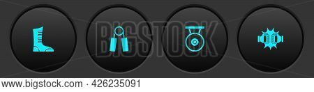 Set Sport Boxing Shoes, Expander, Gong And Punch Gloves Icon. Vector